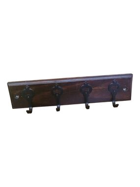 Rustic Dark Brown Wall Hook Rack with Four Black Metal Hooks